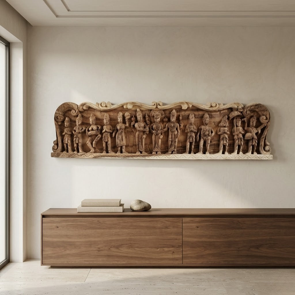 Meenakshi Kalyana Lintel -Hand Carved in Poola Wood from Madhavamala, Andhra Pradesh