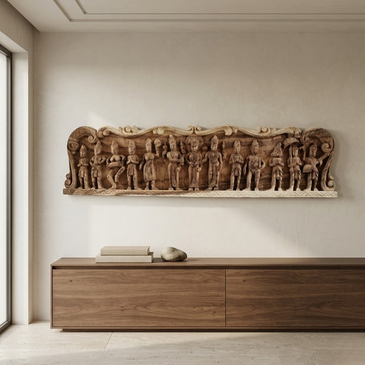 Meenakshi Kalyana Lintel -Hand Carved in Poola Wood from Madhavamala, Andhra Pradesh