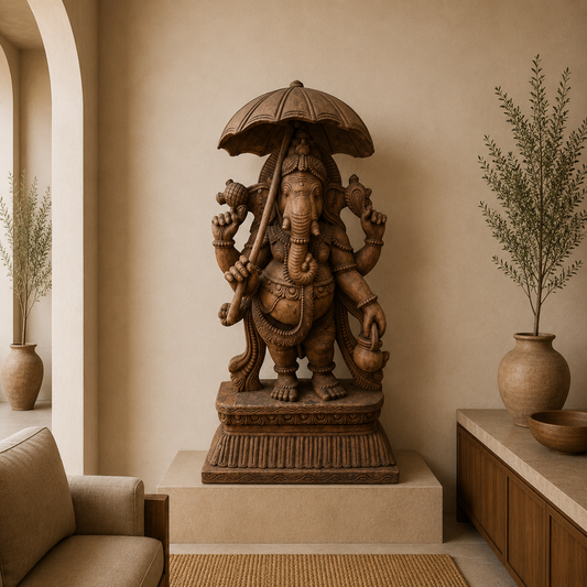 Chatra Ganapati Pratima - Hand Carved in Poola Wood from Madhavamala, Andhra Pradesh