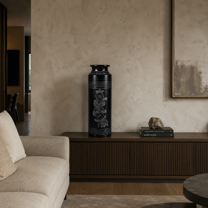 The Floral Sentinel | Flower Vase, Silver Inlay, Black Pottery | Nizamabad, Azamgarh