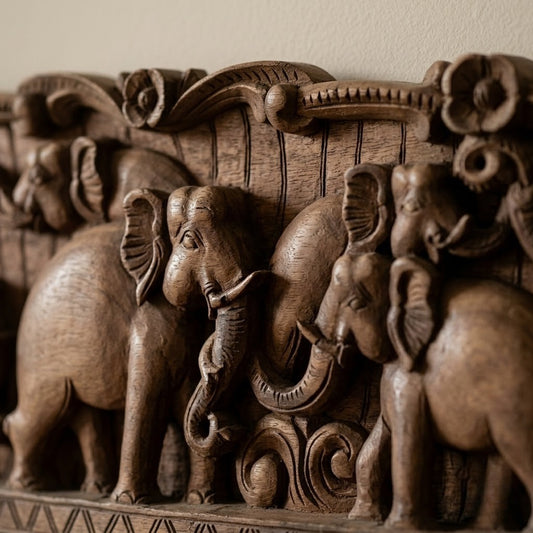 Gaja Yatra Lintel - Hand Carved in Poola Wood from Madhavamala, Andhra Pradesh