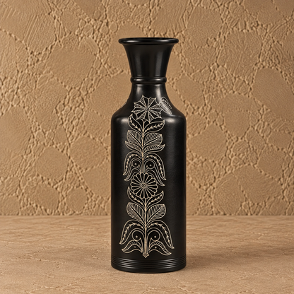 Botanical Bloom | Flower Vase, Silver Inlay, Black Pottery | Nizamabad, Azamgarh