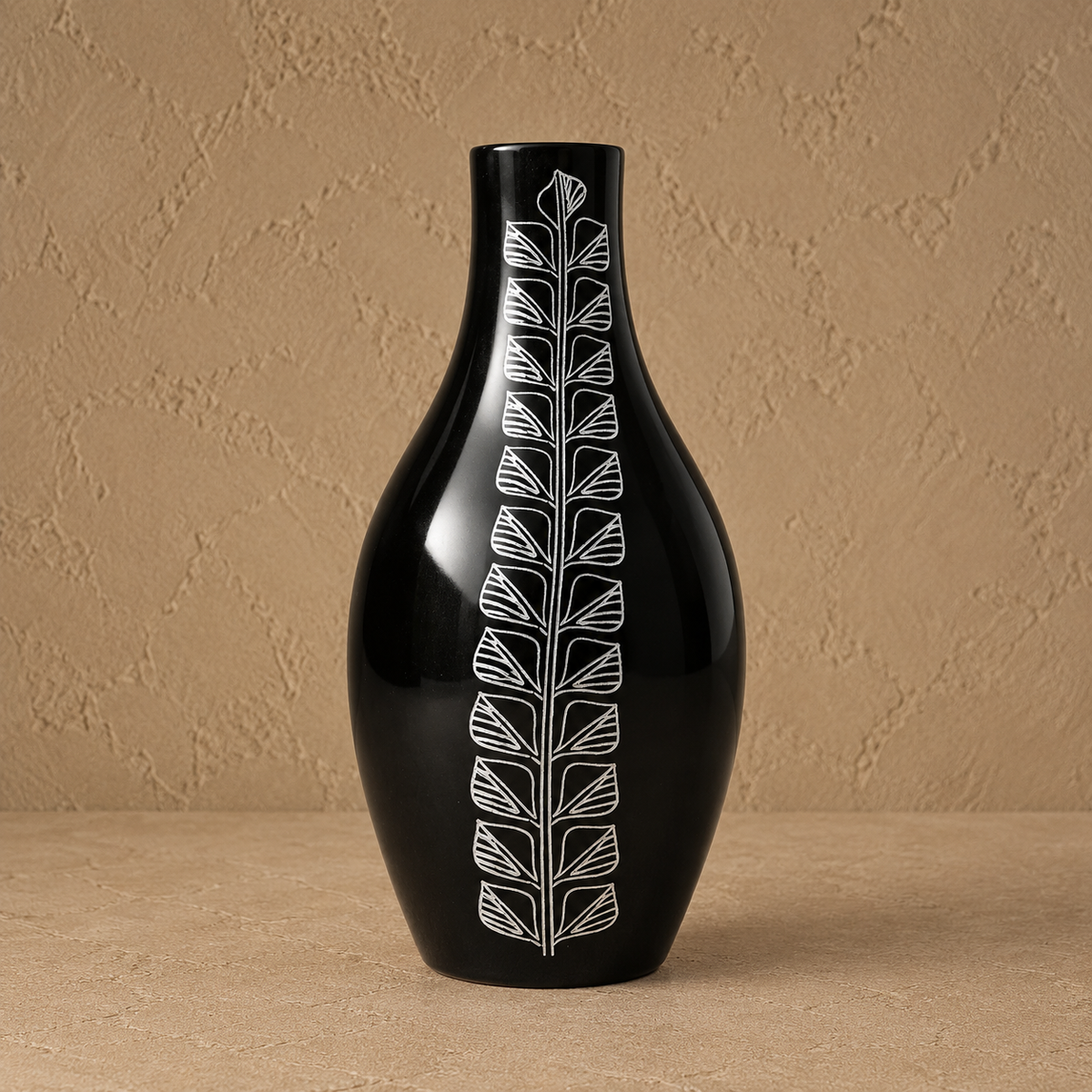 Vertical Leaf Silver Inlay Black Pottery Vase – Handcrafted | Azamgarh Terracotta Art