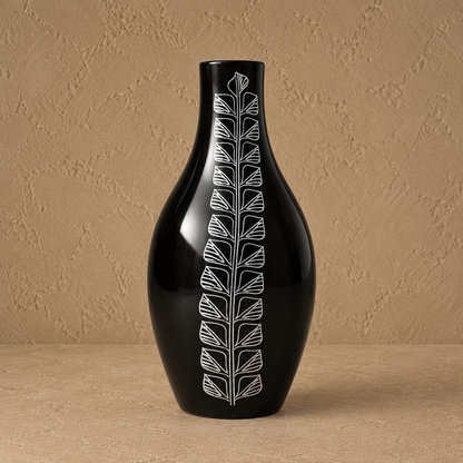 Vertical Leaf Silver Inlay Black Pottery Vase – Handcrafted | Azamgarh Terracotta Art
