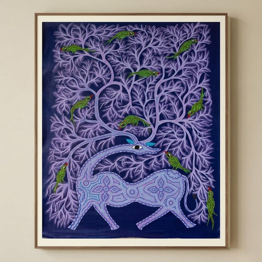 Deer Beneath the Speaking Tree - Hand Painted Pithora art from Chhota Udaipur, Gujarat