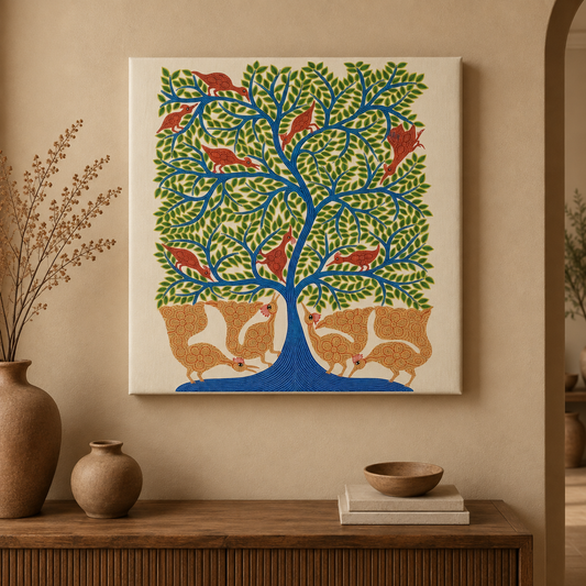 Birdsong Beneath the Living Tree - Traditional Pithora Art from Chhota Udaipur, Gujarat