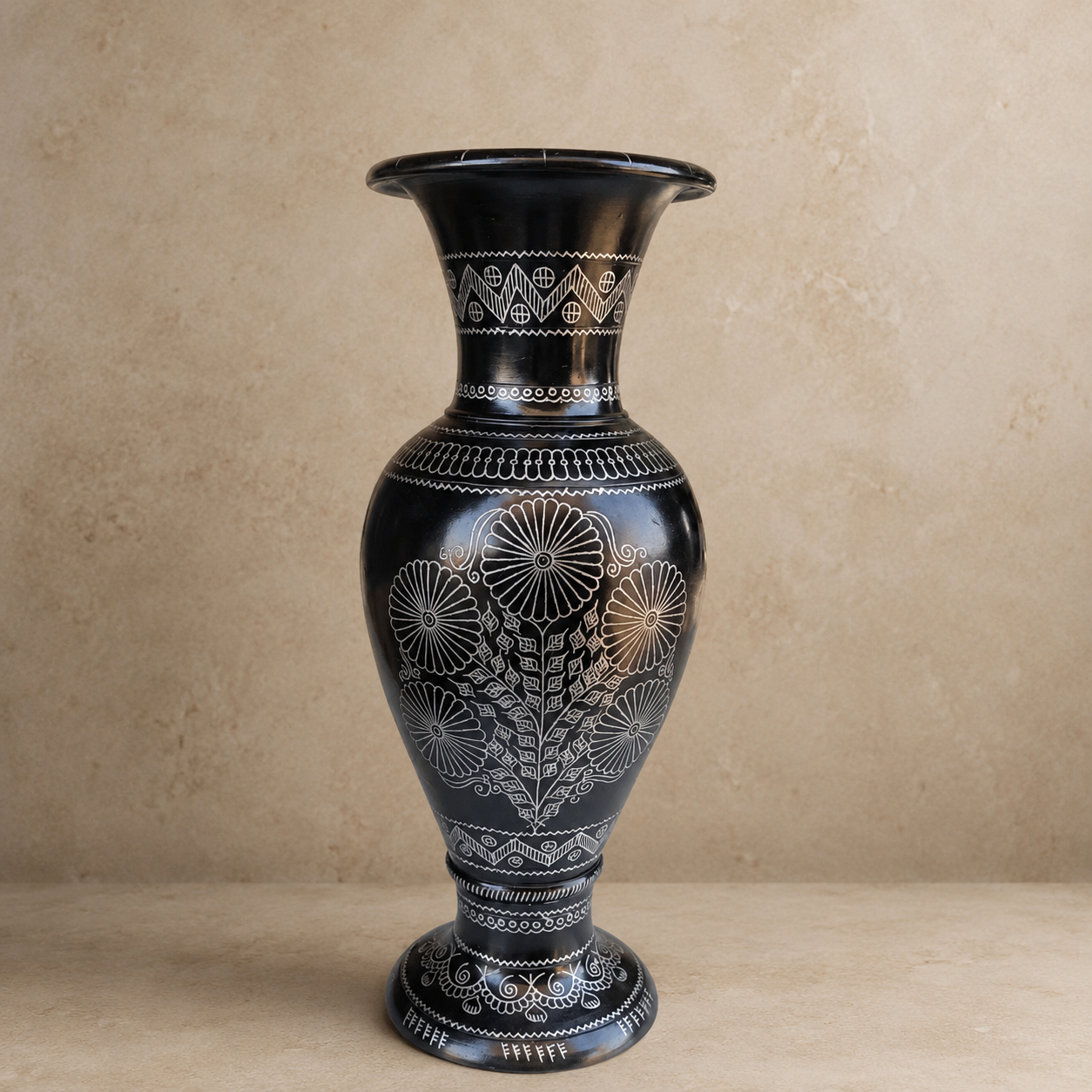 Royal Mandala | Flower Vase, Silver Inlay, Black Pottery | Nizamabad, Azamgarh