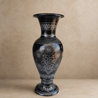 Royal Mandala | Flower Vase, Silver Inlay, Black Pottery | Nizamabad, Azamgarh