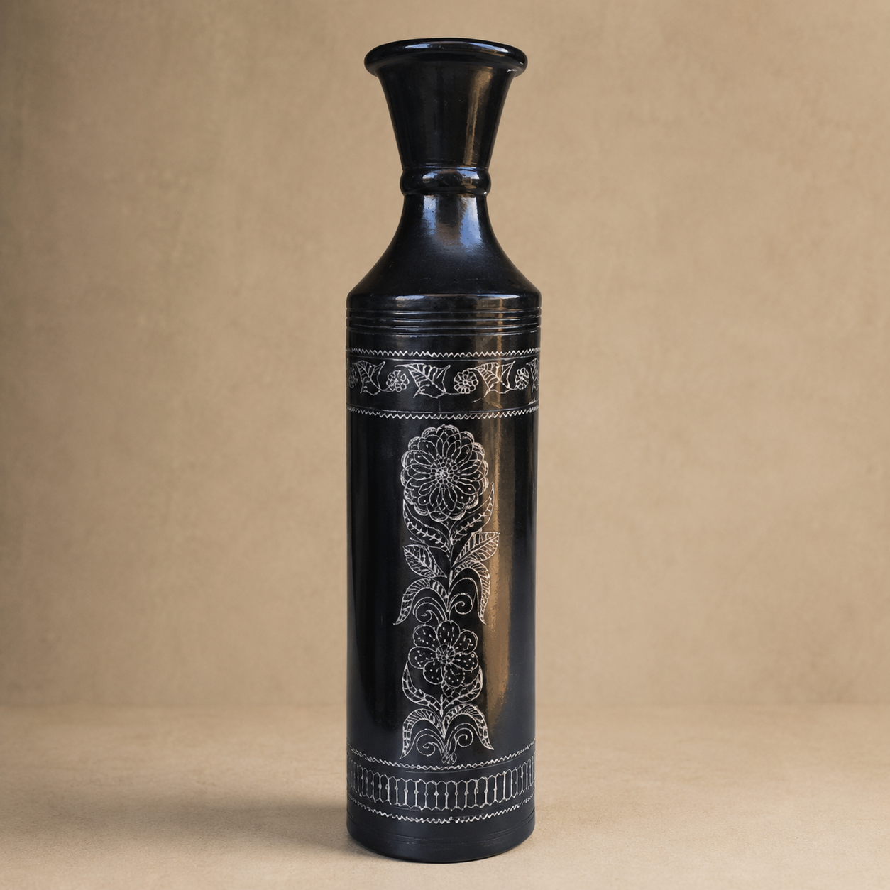 Obsidian Scepter | Flower Vase, Silver Inlay, Black Pottery | Nizamabad, Azamgarh