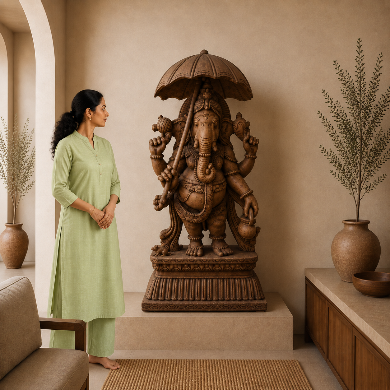 Chatra Ganapati Pratima - Hand Carved in Poola Wood from Madhavamala, Andhra Pradesh