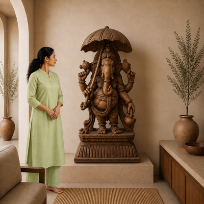 Chatra Ganapati Pratima - Hand Carved in Poola Wood from Madhavamala, Andhra Pradesh