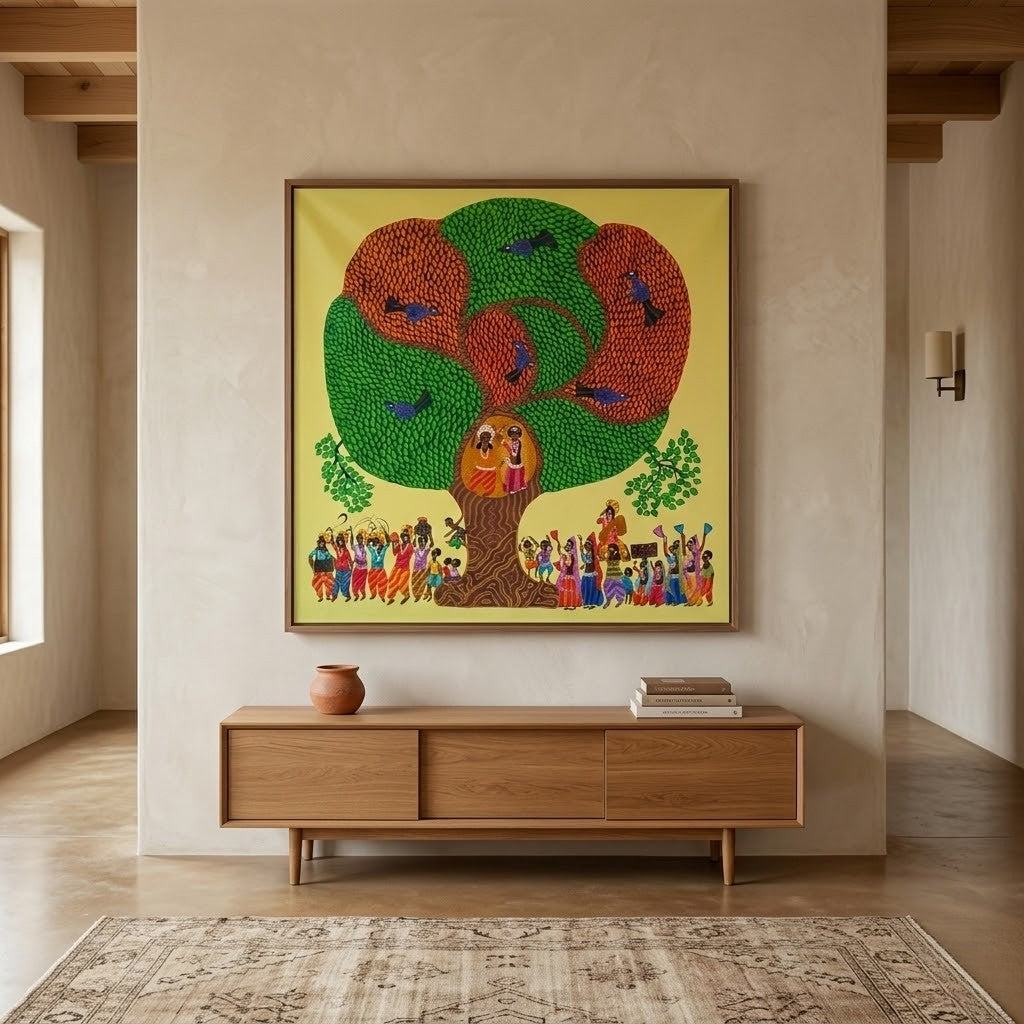 Gathering Beneath the Sacred Tree - Hand Painted Pithora art from Chhota Udaipur, Gujarat