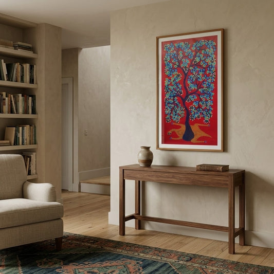 Leopard Beneath the Fruit Tree - Hand Painted Pithora art from Chhota Udaipur, Gujarat