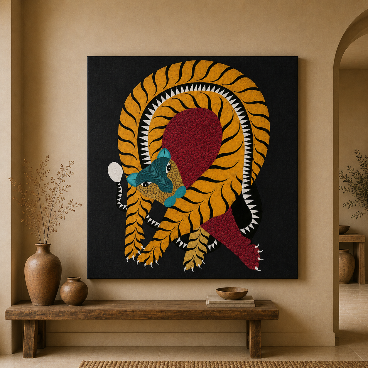 Curled Tiger — Hand Painted Gond Art from Madhya Pradesh