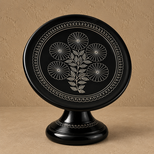 Pedestal Plate with Silver Inlay Medallion Design Handcrafted Black Pottery | Azamgarh Art