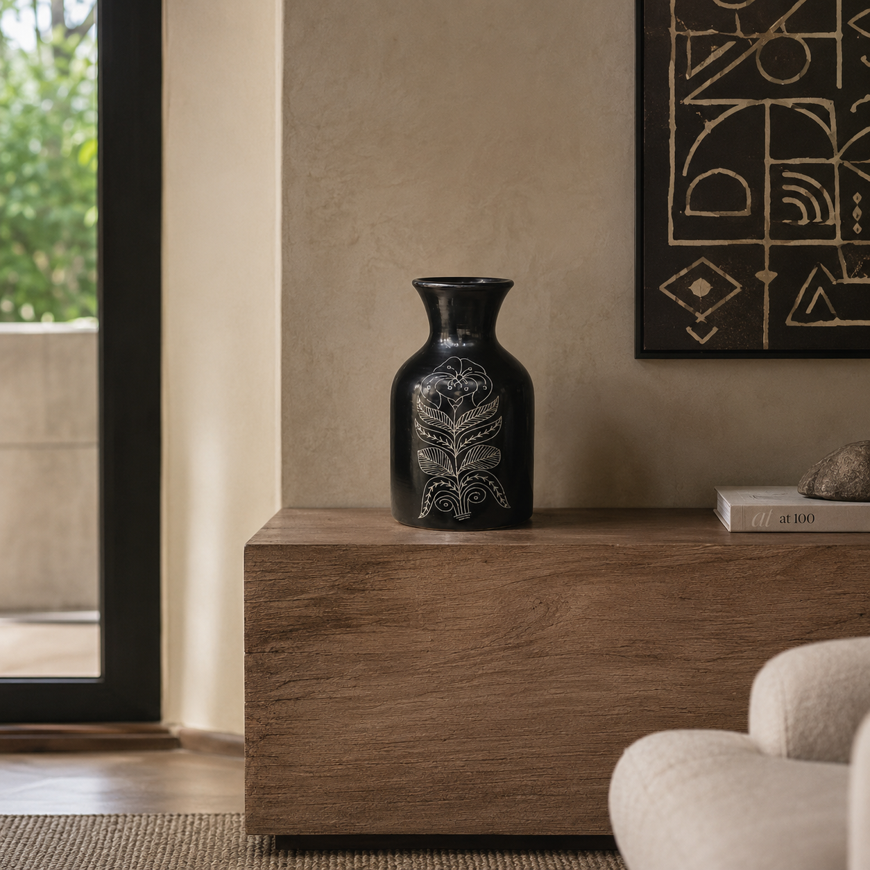 Ebony Fern | Flower Vase, Silver Inlay, Black Pottery | Nizamabad, Azamgarh
