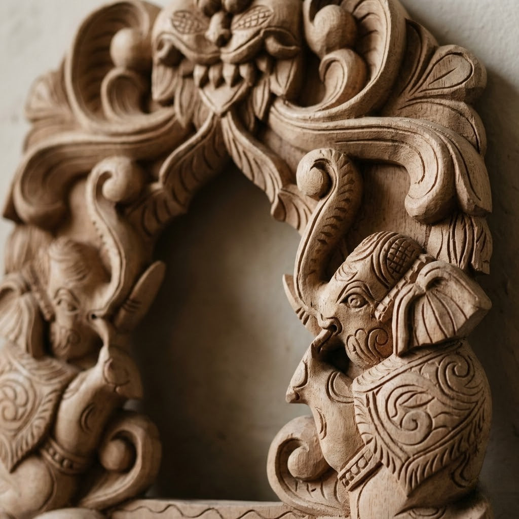 Gaja Dvara Wooden Mirror Frame-  Hand Carved in Poola Wood from Madhavamala, Andhra Pradesh