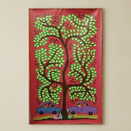 Journeys Beneath the Village Tree - Hand Painted Pithora art from Chhota Udaipur, Gujarat