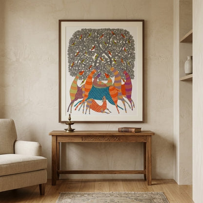 Forest Deer Gathering — Hand Painted Gond Art from Madhya Pradesh