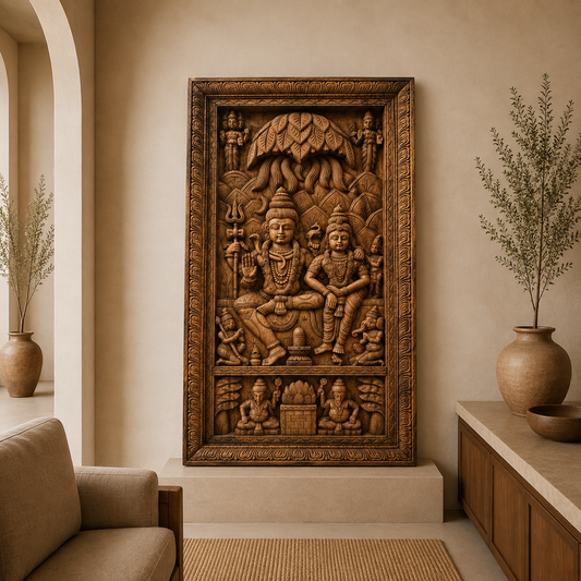 Shiva Parvati Temple Panel - Hand Carved in Poola Wood from Madhavamala, Andhra Pradesh