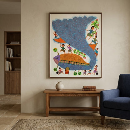 Bird That Carries the Village - Hand Painted Pithora art from Chhota Udaipur, Gujarat