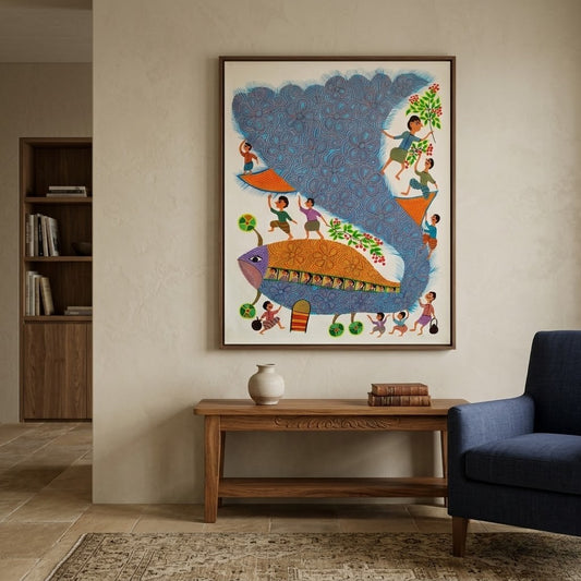 Bird That Carries the Village - Hand Painted Pithora art from Chhota Udaipur, Gujarat