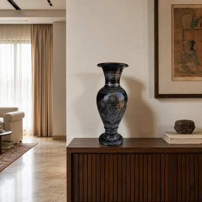 Royal Mandala | Flower Vase, Silver Inlay, Black Pottery | Nizamabad, Azamgarh