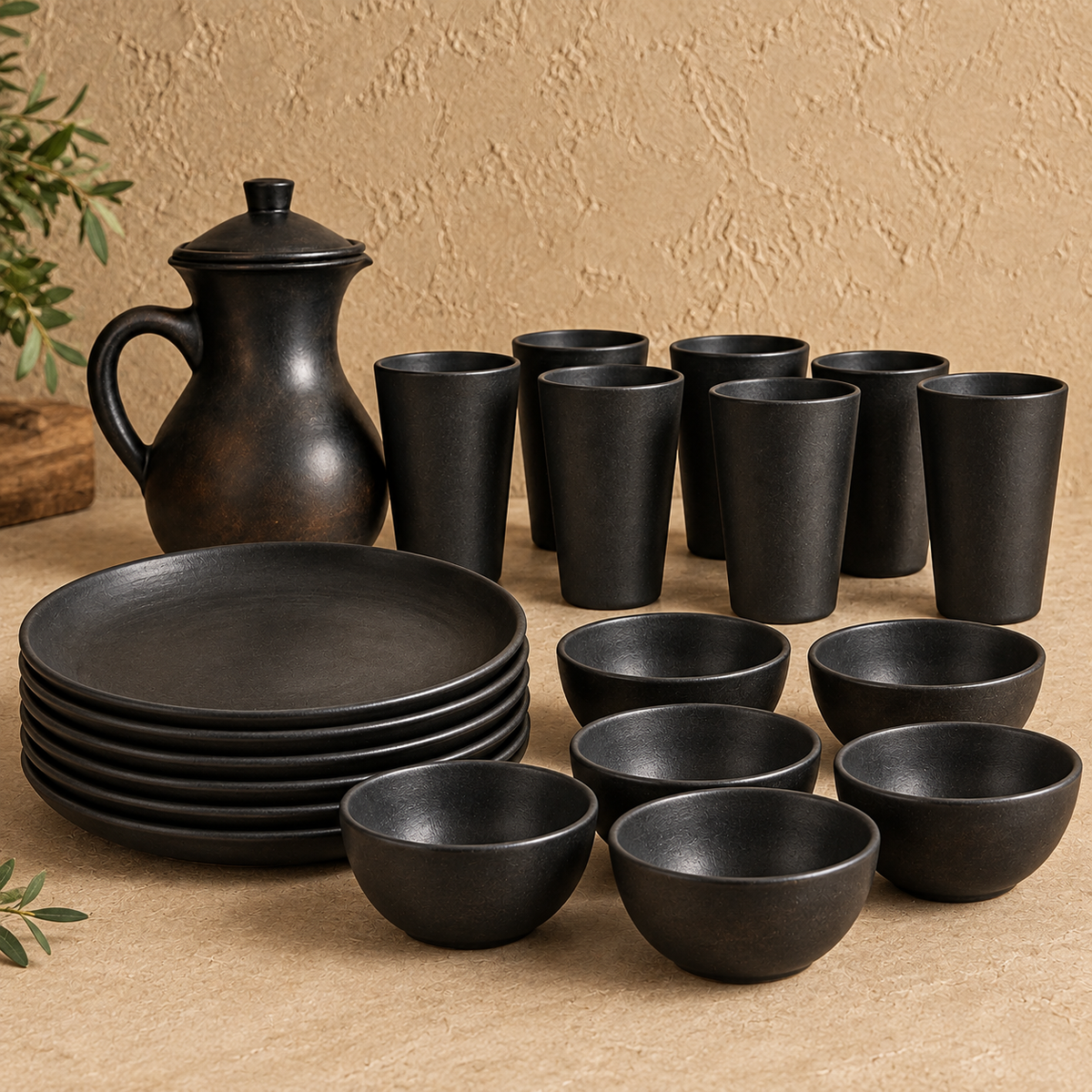 Monsoon Table | Pitcher, Plates, Tumblers & Bowls Set, Black Pottery | Nizamabad, Azamgarh