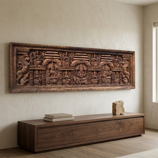 Trimukha Sabha Lintel -Hand Carved in Poola Wood from Madhavamala, Andhra Pradesh