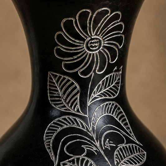Moon Vessel | Flower Vase, Silver Inlay, Black Pottery | Nizamabad, Azamgarh
