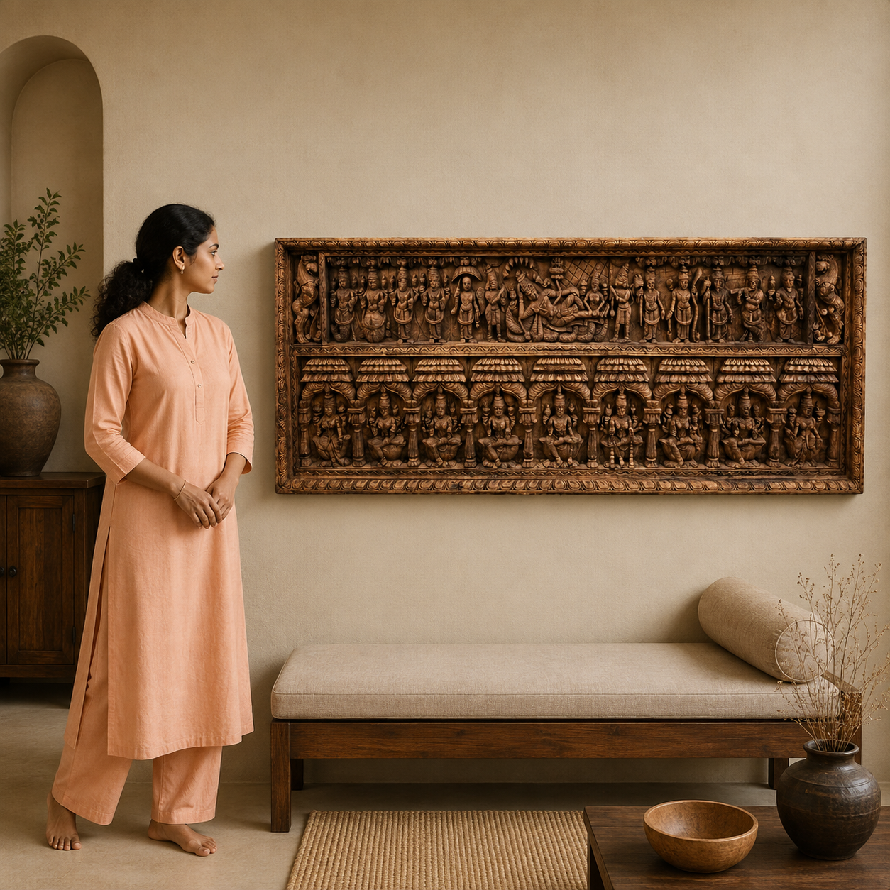 Dashavatara Aṣṭalakshmi Sabha Panel - Hand Carved in Poola Wood from Madhavamala, Andhra Pradesh