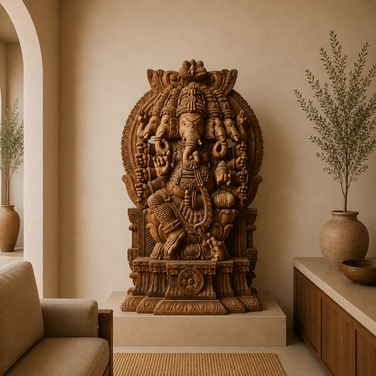 Panchamukha Ganapati Pratishtha - Hand Carved in Poola Wood from Madhavamala, Andhra Pradesh