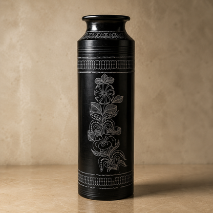 The Floral Sentinel | Flower Vase, Silver Inlay, Black Pottery | Nizamabad, Azamgarh