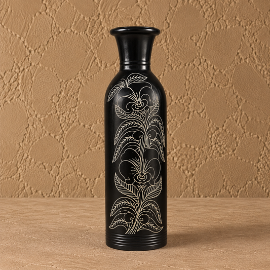 Floral Vine | Flower Vase, Silver Inlay, Black Pottery | Nizamabad, Azamgarh