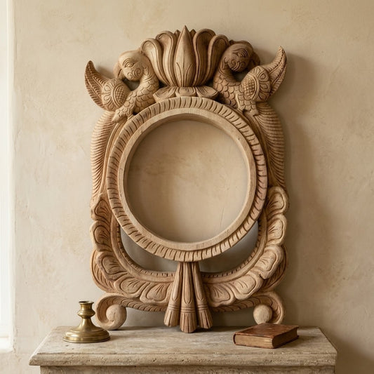 Hamsa Pratibimba Ornamental Round Frame - Hand Carved in Poola Wood from Madhavamala, Andhra Pradesh.