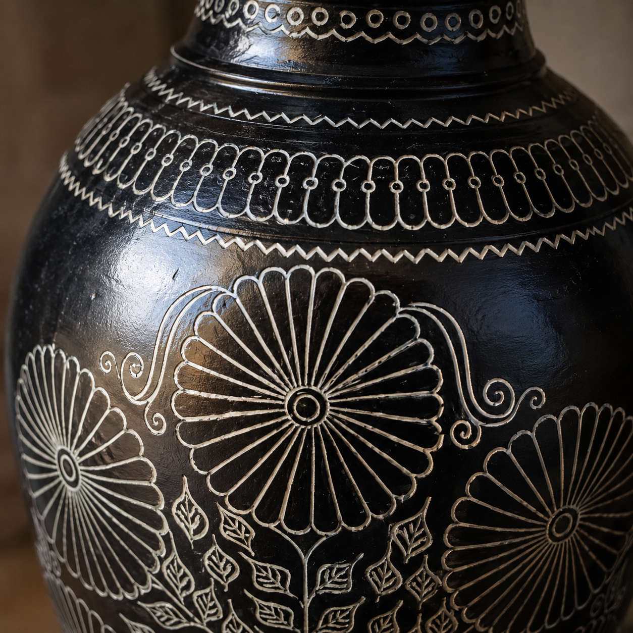 Royal Mandala | Flower Vase, Silver Inlay, Black Pottery | Nizamabad, Azamgarh