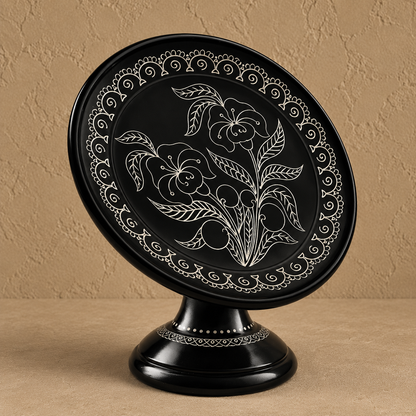Pedestal Plate with Floral Engraving Handcrafted Black Pottery | Azamgarh Terracotta Art Decor
