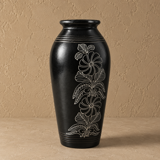 Floral Silver Inlay Black Pottery Vase – Handcrafted | Azamgarh Terracotta Art