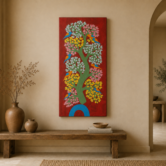 شجرة الطيور - فن غوند المرسوم يدويًا من ولاية ماديا براديش