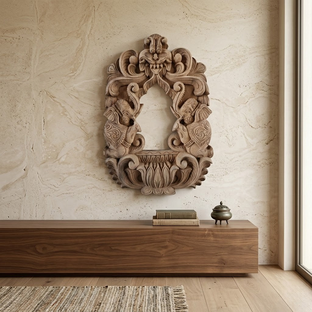 Gaja Dvara Wooden Mirror Frame-  Hand Carved in Poola Wood from Madhavamala, Andhra Pradesh