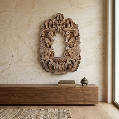 Gaja Dvara Wooden Mirror Frame-  Hand Carved in Poola Wood from Madhavamala, Andhra Pradesh