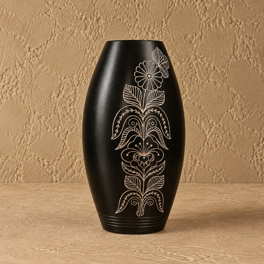 Floral Symphony | Flower Vase, Silver Inlay, Black Pottery | Nizamabad, Azamgarh
