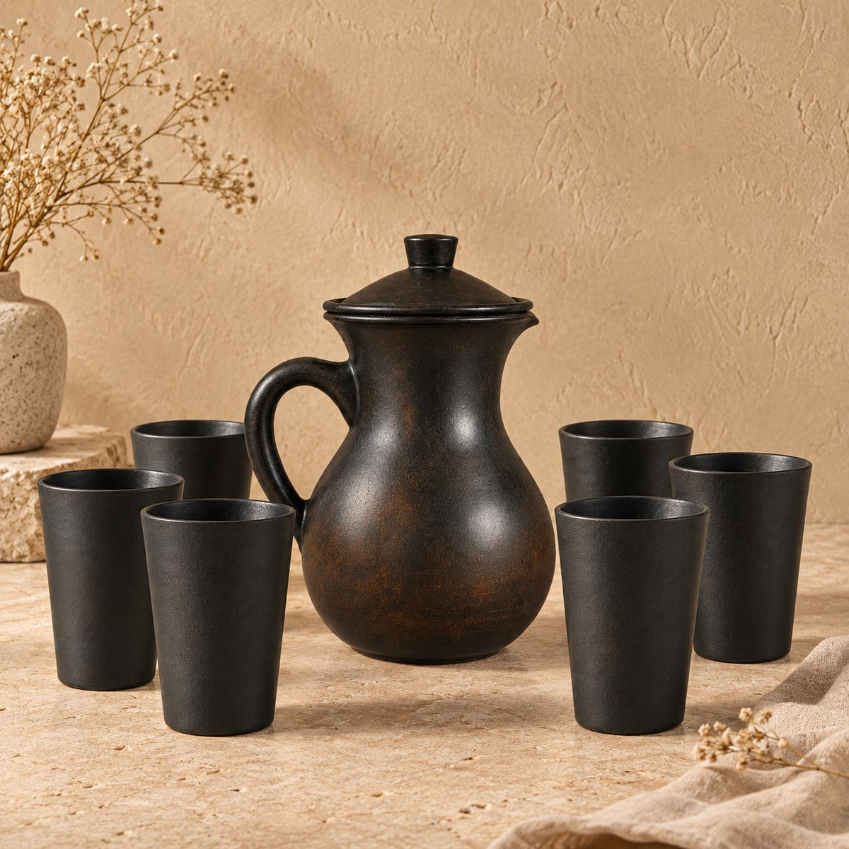 Sable Serve | Teapot & Tumbler Set, Black Pottery | Nizamabad, Azamgarh