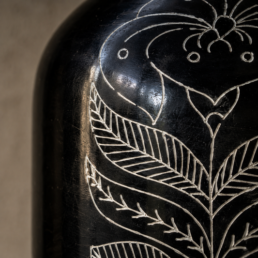 Ebony Fern | Flower Vase, Silver Inlay, Black Pottery | Nizamabad, Azamgarh