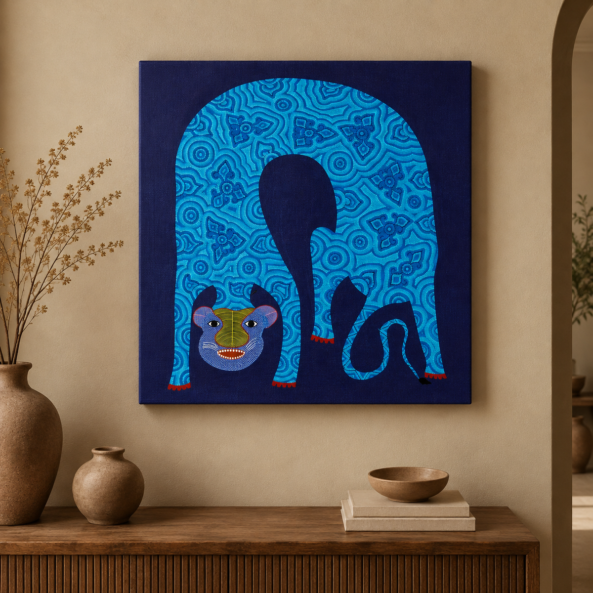 Tiger Beneath the Patterned Sky - Hand Painted Animal Pithora Art from Chhota Udaipur, Gujarat