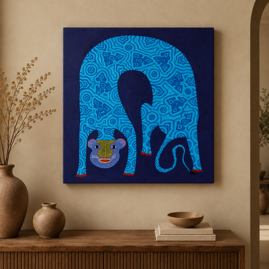 Tiger Beneath the Patterned Sky - Hand Painted Animal Pithora Art from Chhota Udaipur, Gujarat