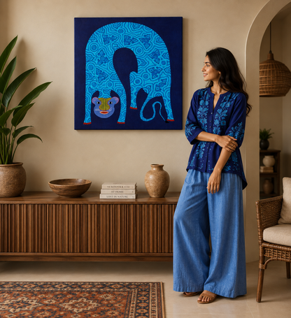 Tiger Beneath the Patterned Sky - Hand Painted Animal Pithora Art from Chhota Udaipur, Gujarat