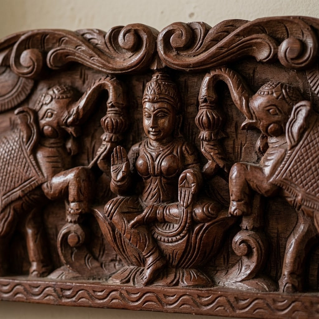 Gajalakshmi Threshold Panel  Rosewood Tone - Hand Carved in Poola Wood from Madhavamala, Andhra Pradesh