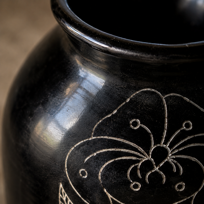 Ebony Fern | Flower Vase, Silver Inlay, Black Pottery | Nizamabad, Azamgarh