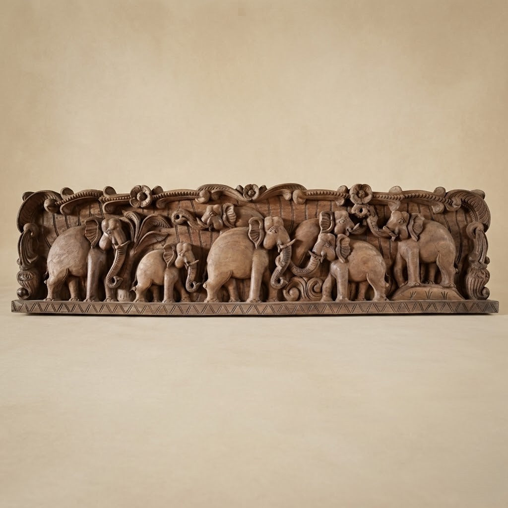Gaja Yatra Lintel - Hand Carved in Poola Wood from Madhavamala, Andhra Pradesh